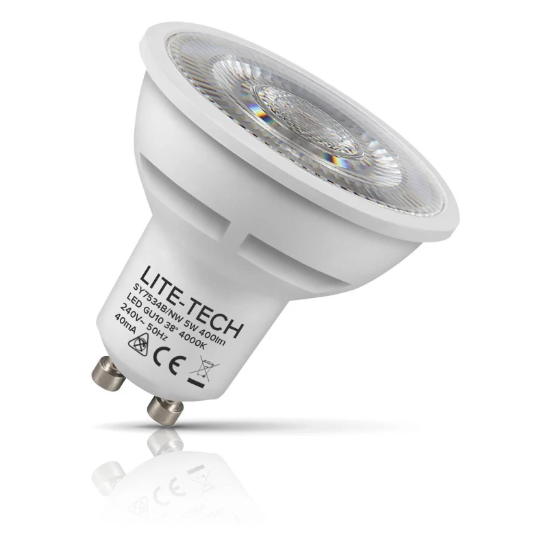 Image of Lite-Tech LED GU10 Spotlight Light Bulb 5W (50W Eqv) Cool White 4000K Halogen Replacement