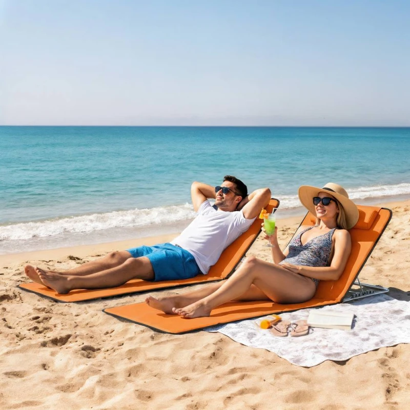 Image of OUTSUNNY 2 Pieces Outdoor Beach Mat Steel Reclining Chair Set Orange Orange Unisex