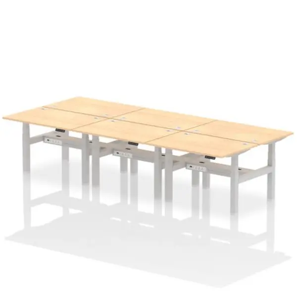 Image of Air Air Back-to-Back 1200 x 800mm Height Adjustable 6 Person Bench Desk Maple Top with Cable Ports Silver Frame HASCP6P12800MPES