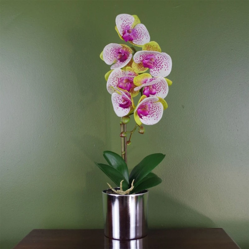 Image of Leaf Artificial Orchid Pink with Silver Pot 46cm Harlequin Botanik Pink