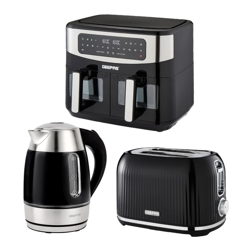 Image of Geepas 1.7L Illuminating Kettle 2 Slice Bread Toaster & 9L Dual Zone Air Fryer Kitchen Combo Set in Black Unisex