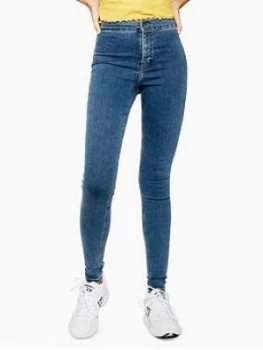 Image of Topshop Joni Super High Waisted Power Stretch Mid Blue Skinny Jeans, Mid Denim, Size 25, Inside Leg 34, Women