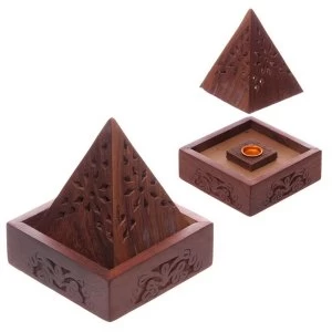 image of Pyramid Sheesham Wood (Pack Of 4) Incense Cone Box with Fretwork