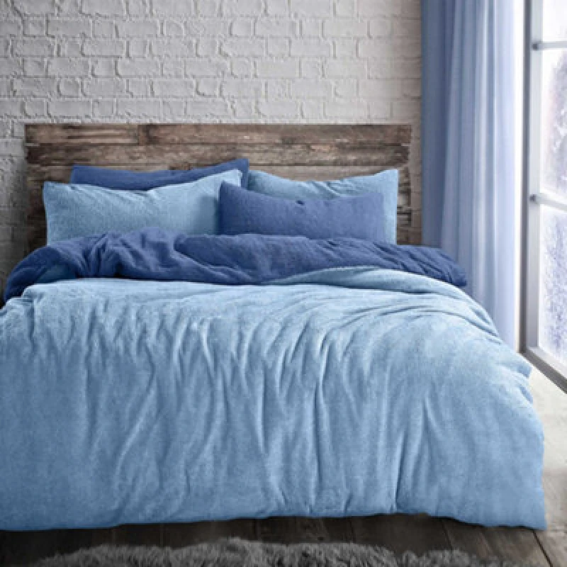 Image of Velosso Teddy Fleece Duvet Cover & Pillowcase Set - Button Enclosure, Machine Washable Bedroom Essentials - French Blue