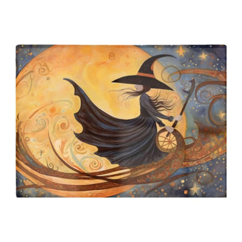 Image of Warren Reed Designer Whimsical Witch On A Broomstick Glass Chopping Board