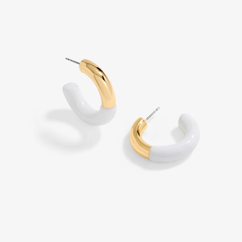 Image of Mood Gold White Half Enamel Hoop Earrings Gold