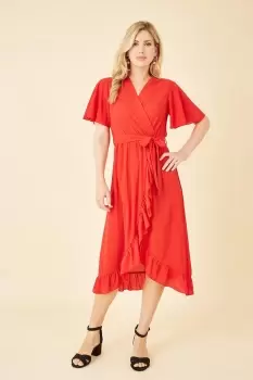 Image of Red Wrap Over Frill Hem Dress