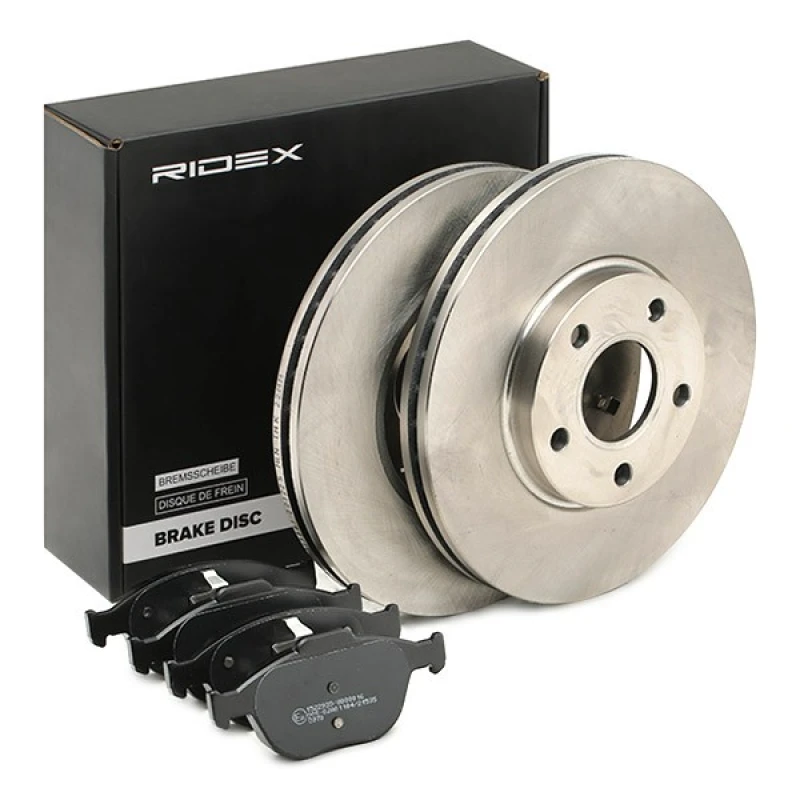 Image of RIDEX 3405B1020 Brake disc and pads set Front Axle, Brake Disc Type: Vented, not prepared for wear warning indicator, with piston clip Brake Set,disc
