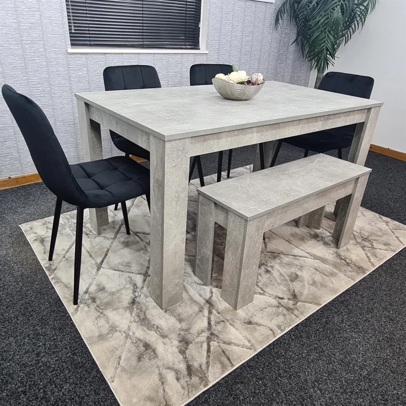 Image of KOSY KOALA Kosy Koala - Dining Table and 4 Chairs With Bench Stone Grey Effect Wood Table 4 Black Velvet Chairs Dining Room Stone grey 117 + 4 Black r