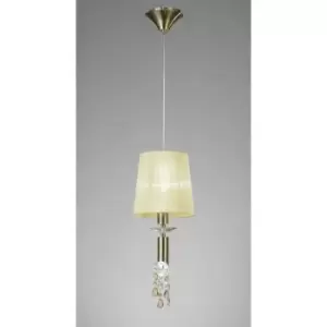 image of Tiffany pendant lamp 1+1 bulb E27+G9, antique brass with cream shade & transparent crystal