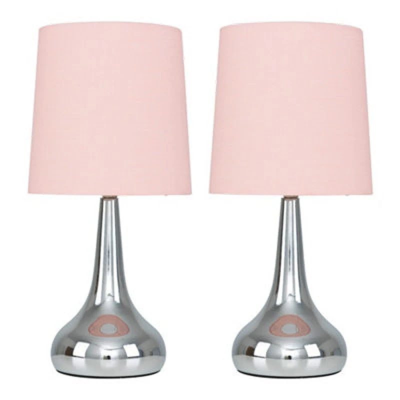 Image of ValueLights ValueLights Teardrop Pair Fabric Shades Brushed Chrome Touch Table Lamps and Bulbs in Baby Pink Baby Pink One Size Unisex 5055759980337