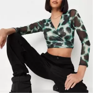 Missguided Leopard Print Mesh Wrap Around Crop Top - Green