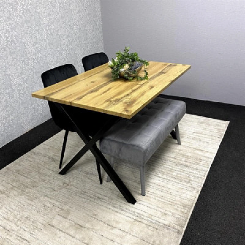 Image of Kosy Koala Modern Dining Table Set With Padded Bench And Black Velvet Chairs