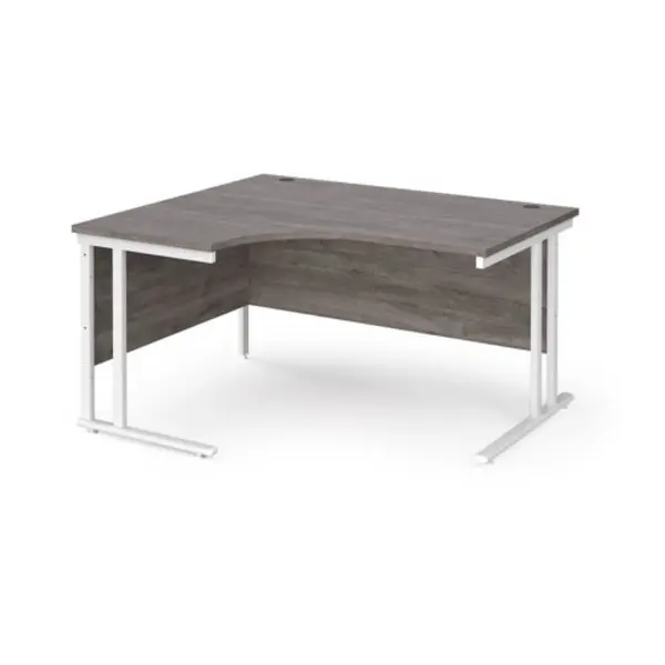 image of Maestro 25 left hand ergonomic desk 1400mm wide - white cantilever leg frame, grey oak top