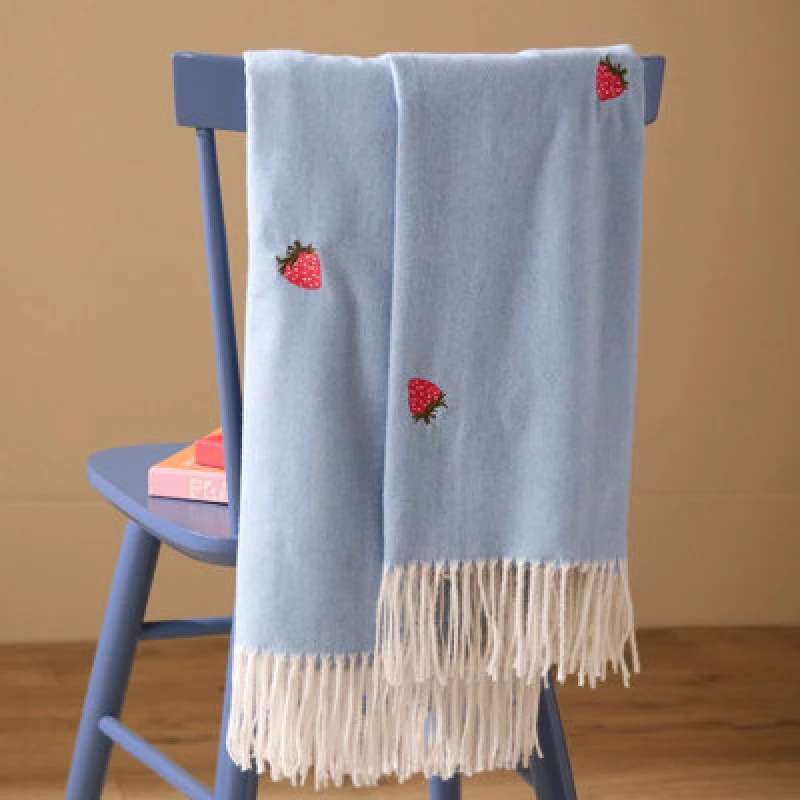Image of Furn Fruits Lightweight Embroidered Throw in Blue Size: 130cm x 180cm Blue Unisex 130cm x 180 cm