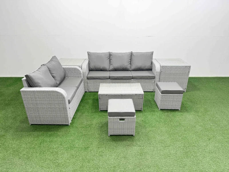 Image of Fimous 7 Seater PE Rattan Wicker Garden Furniture Patio Conservatory Sofa Set with Rectangular Coffee Table 3 Seater Sofa Love Sofa 2 Stools 2 Side Ta