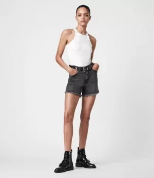 Image of AllSaints Womens Cotton Relaxed Fit Yanni High-Rise Denim Shorts, Black, Size: 32