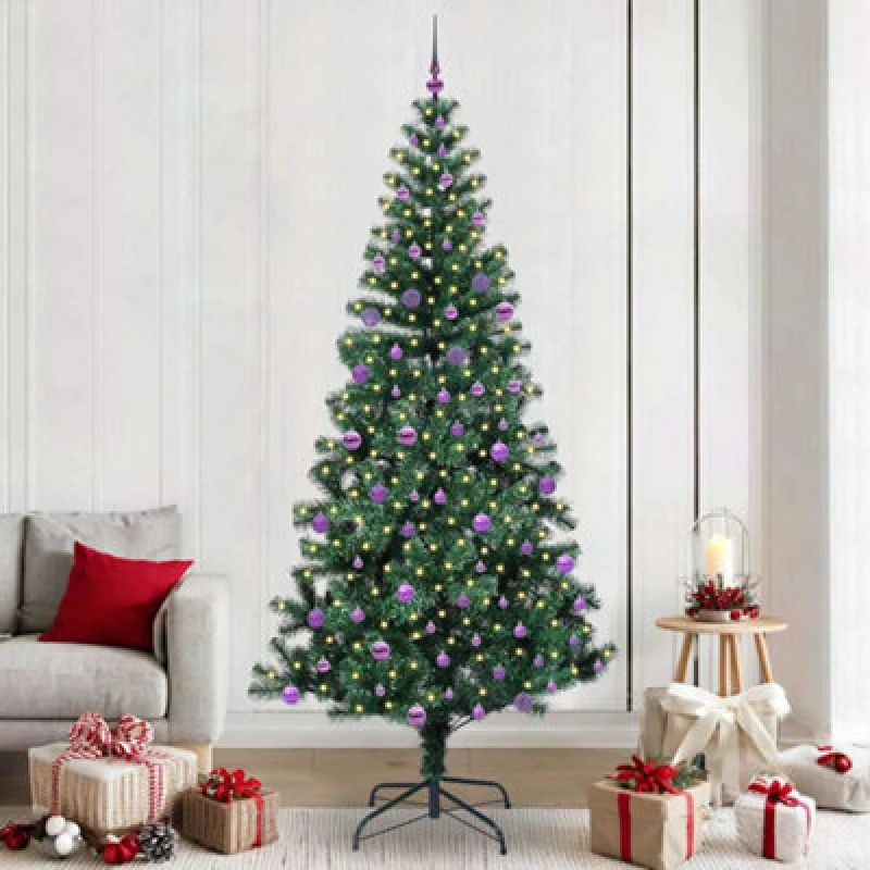 Image of vidaXL Artificial Pre-lit Christmas Tree with Lilac Balls Green 240cm PVC and Metal, Green 3396794