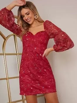 Image of Chi Chi London Long Sleeve Floral Lace Mini Dress, Berry, Size 6, Women