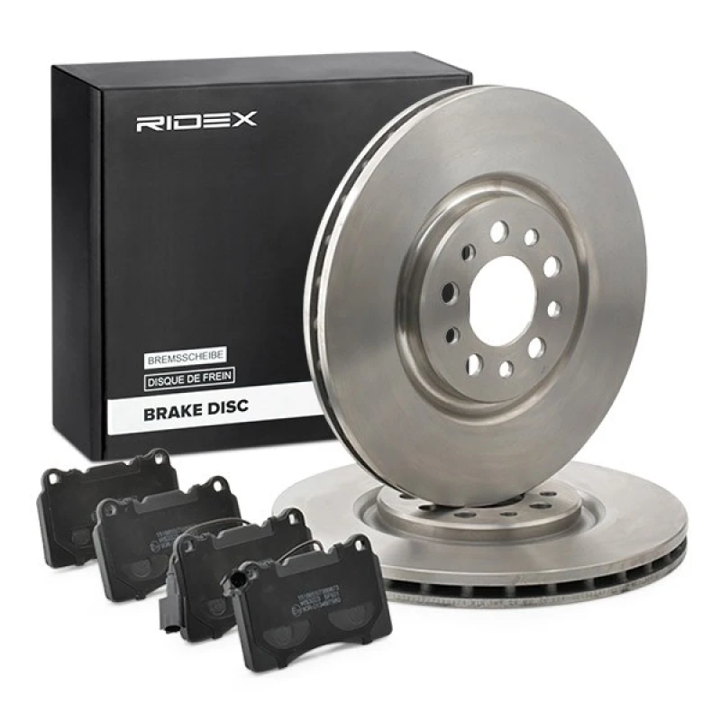 Image of RIDEX 3405B0990 Brake disc and pads set Front Axle, Brake Disc Type: Vented, incl. wear warning contact Brake Set,disc brakes (3405)
