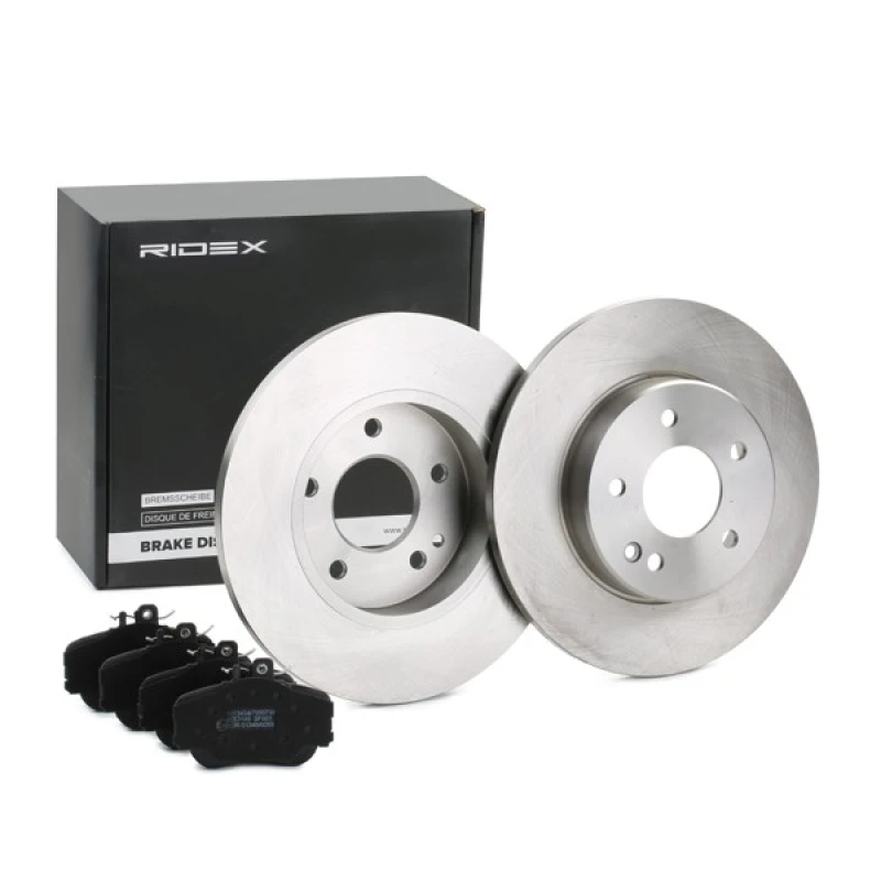 Image of RIDEX 3405B0431 Brake disc and pads set Front Axle, Brake Disc Type: Solid, incl. wear warning contact Brake Set,disc brakes (3405)