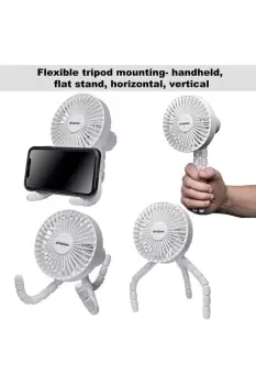 image of Rechargeable 4 Way Portable Lightweight Fan with LED Light for Pram Fan, Car Seat, Desk, Office, Travel Fans - Clip on, Handheld, Tripod & Phone Holde