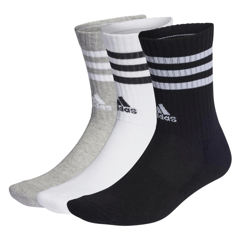 Image of adidas Cushioned 3 Stripe Crew Sock 3 Pack Juniors Grey/Wht/Black unisex 4.5 - 5.5