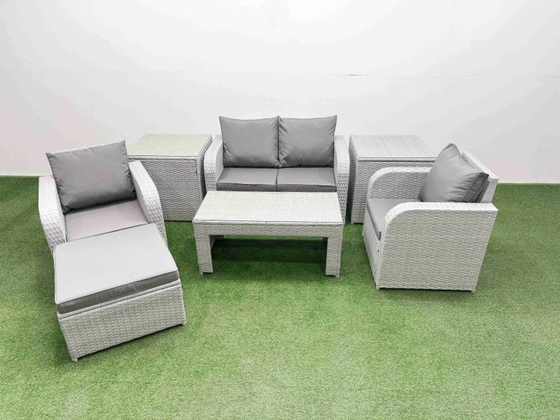 Image of Fimous Light Grey PE Wicker Rattan Garden Furniture Set Sofa Set Reclining Adjustable Chair Oblong Coffee Table 5 Seater With Footstool 2 Side Table L