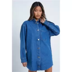 Image of I Saw It First Mid Wash Oversized Denim Shirt Dress - Blue