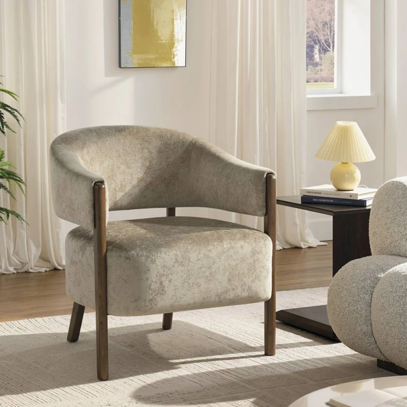 Image of HOMCOM Accent Chair, Upholstered Armchair with Solid Wood Legs, Light Brown Light Brown Unisex Armchair