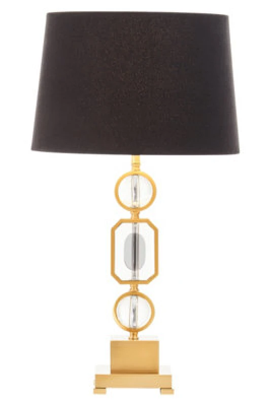 Image of Orsina Art Deco Gold And Crystal Table Lamp, Luxe Black Linen Shade Table Light, Geometric Metal & Crystal Base
