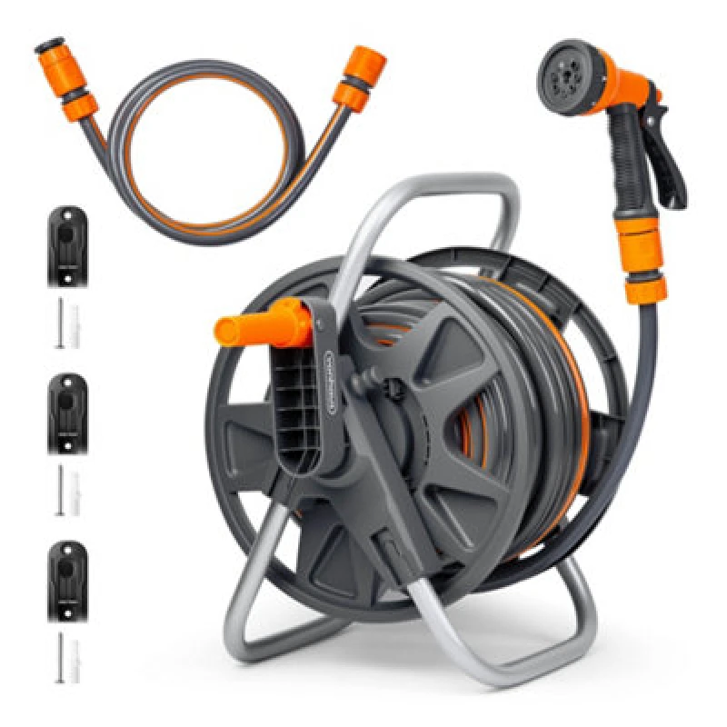 Image of Vonhaus Garden Hose Reel 25M, 2-In-1 Hose Pipe Reel With 8-Pattern Spray Nozzle & 1/2" & 3/4" Fittings, Wall Mounted/freestanding