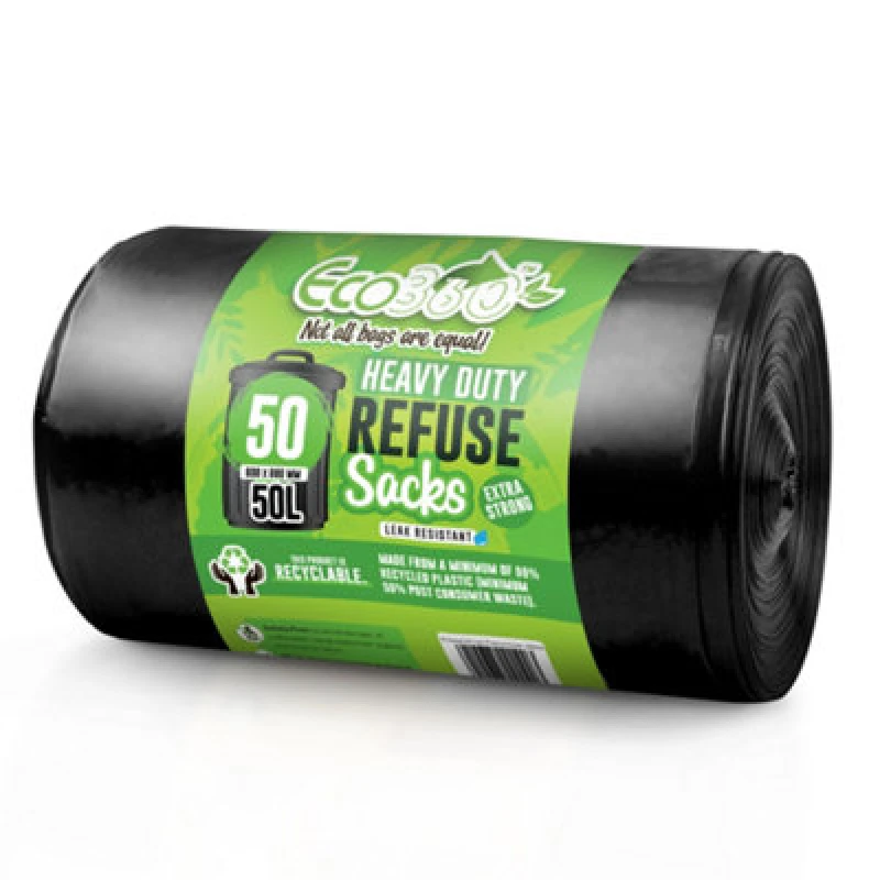 Image of Eco Bag Ecobag - 50 Pack Heavy Duty Bin Bags - 50L - 35 Microns - Recyclable Black Bin Bag With Leak Resistant Seal