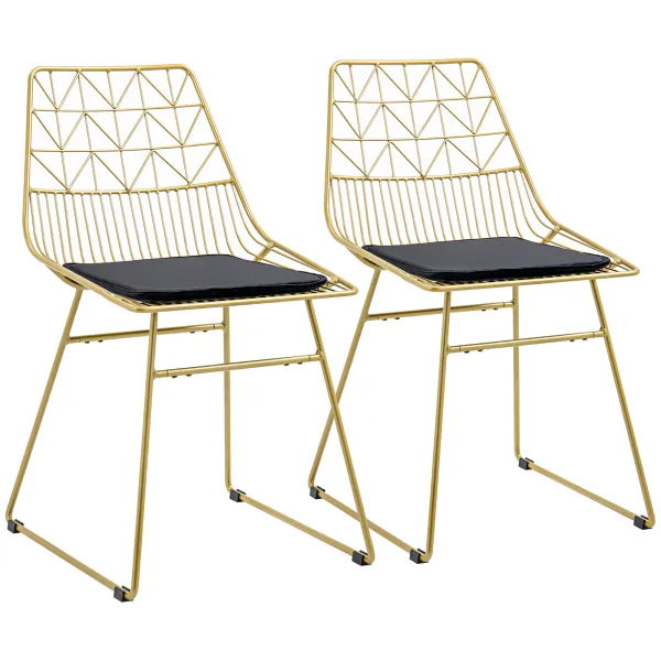 image of HOMCOM Luxurious Dining Chairs Set of 2, Metal Wire Kitchen Chair with Removable Velvet-feel Cushion, Cut-out Back and Steel Frame