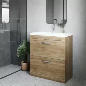 image of Athena Floor Standing 2-Drawer Vanity Unit with Basin-4 800mm Wide - Natural Oak - Nuie