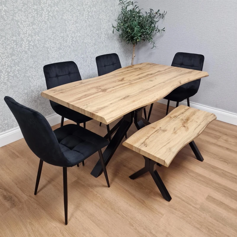 Image of Kosy Koala 6 Piece Dining Set With Brown Table, 4 Black Velvet Chairs And Matching Bench, Multi DK117+4BKRO+B