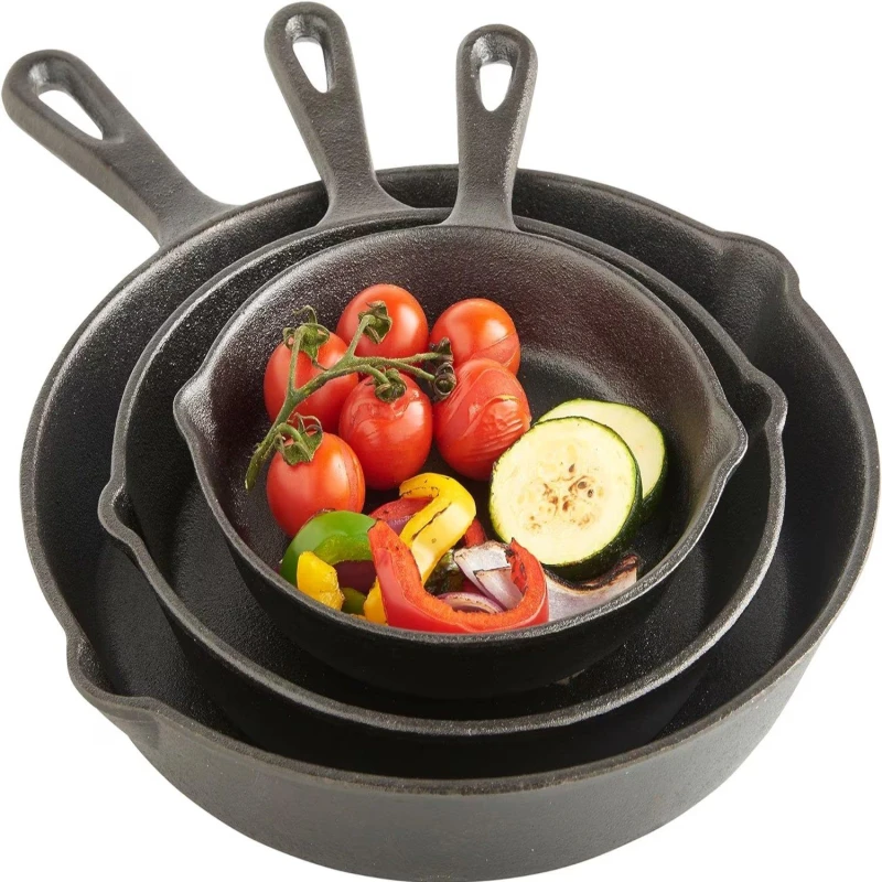 Image of VonShef Preseasoned Non-Stick Heavy Duty 3Pc Cast Iron Skillet Pan Set Black unisex