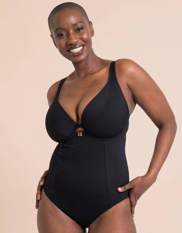 Image of Curvy Kate Womens Jet Set Multiway Plunge Swimsuit Underwired in Black Size: 30F Black Female 30F