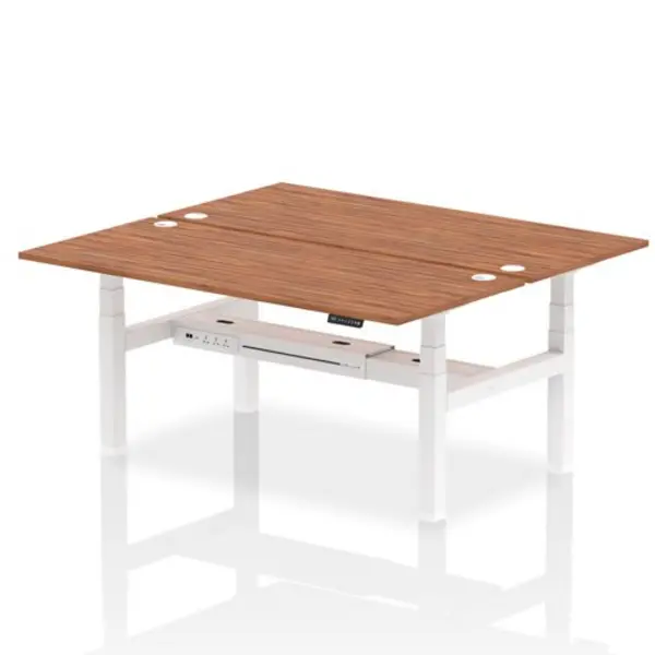 Image of Air Air Back-to-Back 1800 x 800mm Height Adjustable 2 Person Bench Desk Walnut Top with Cable Ports White Frame HASCP2P18800WNTW