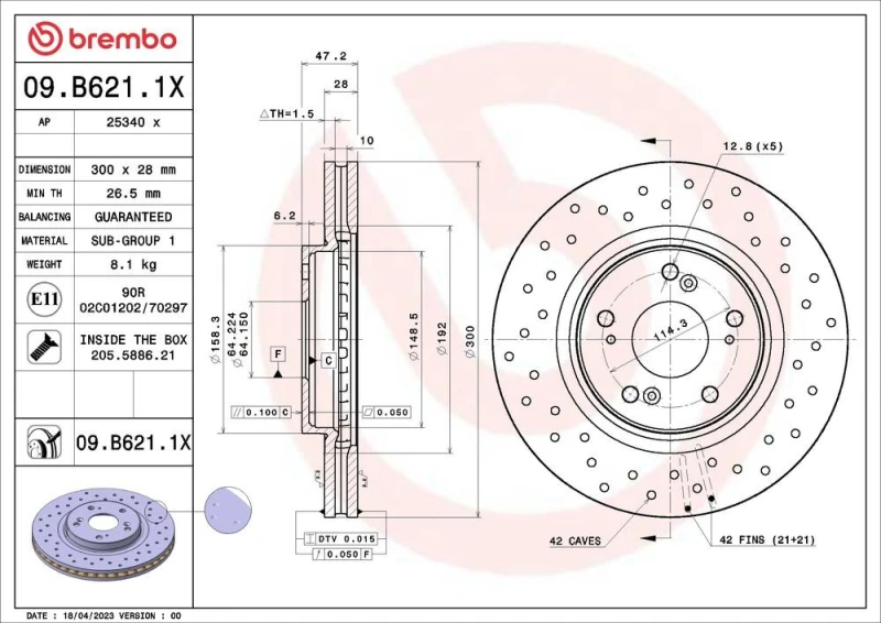 Image of BREMBO Brake disc BREMBO 09.B621.1X