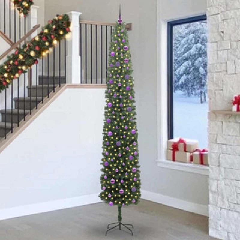 Image of vidaXL Artificial Christmas Tree with 300 LEDs, Lilac Balls with Stand Green 270 cm, Green 3394984