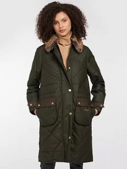 image of Barbour Barbour Golspie Detachable Faux Fur Collar Tartan Lined Quilted Wax Coat - Olive, Green, Size 18, Women