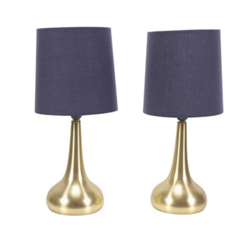 Image of ValueLights Teardrop Pair of Brushed Gold Touch Table Lamps with Fabric Shade Navy