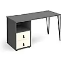 image of Rectangular Hairpin Desk Onyx Grey, White Drawers Wood/Metal Hairpin Legs Black Tikal 1400 x 600 x 730mm