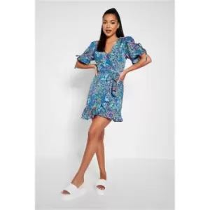 I Saw It First Blue Woven Floral Wrap Front Short Sleeve Mini Dress - Blue