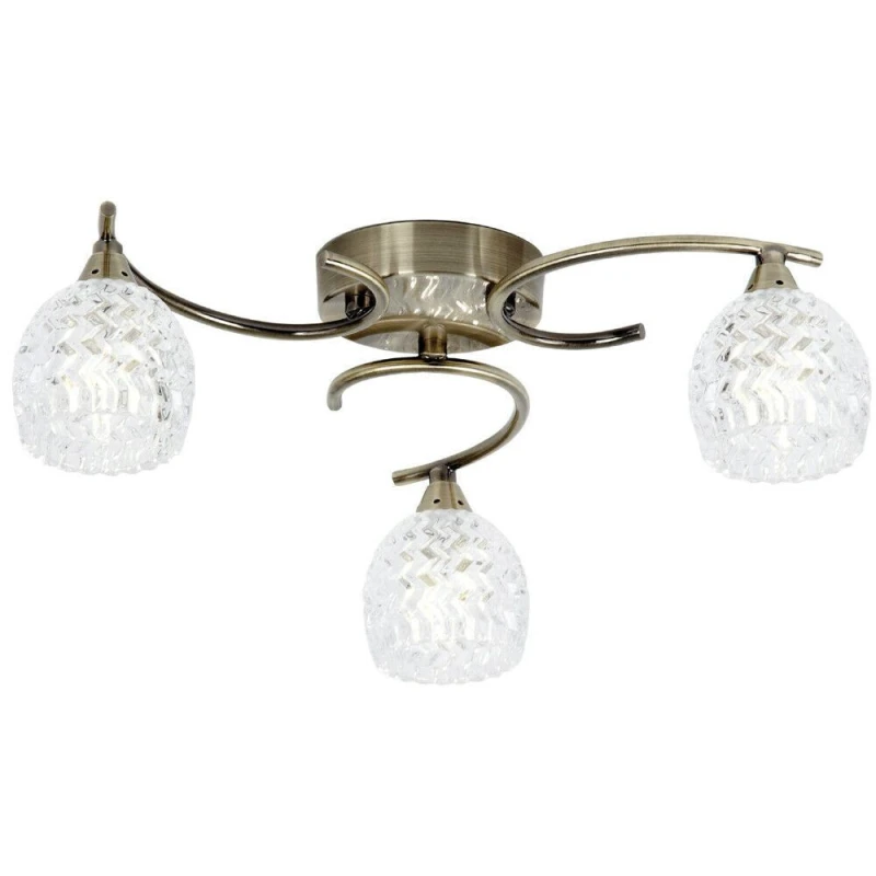 Image of Loops Semi Flush Ceiling Light Brass Textured Glass 3 Bulb Hanging Pendant Lamp Shade Clear
