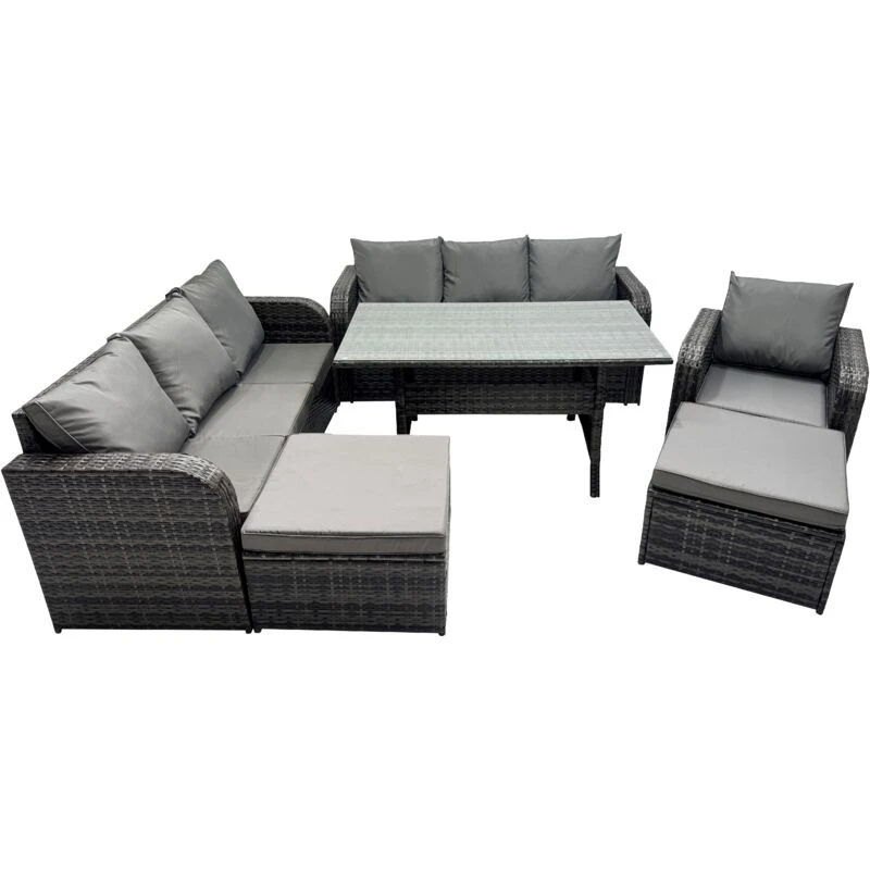 Image of Fimous 9 Seat Outdoor Dining Table Sofa Set with 2 Big Stool Dark Grey Mixed Dark Grey Unisex