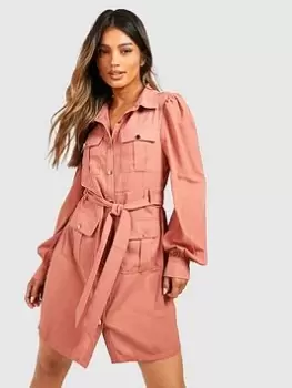 Image of Boohoo Utility Pocket Shirt Dress - Pink, Size 8, Women
