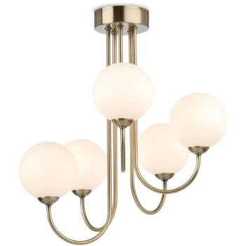 image of Lyndon 5 Light Globe Flush Fitting Antique Brass with Opal White Glass - Firstlight