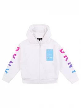Image of DKNY Girls Metallic Logo Zip Through Hoodie - White, Size Age: 12 Years, Women